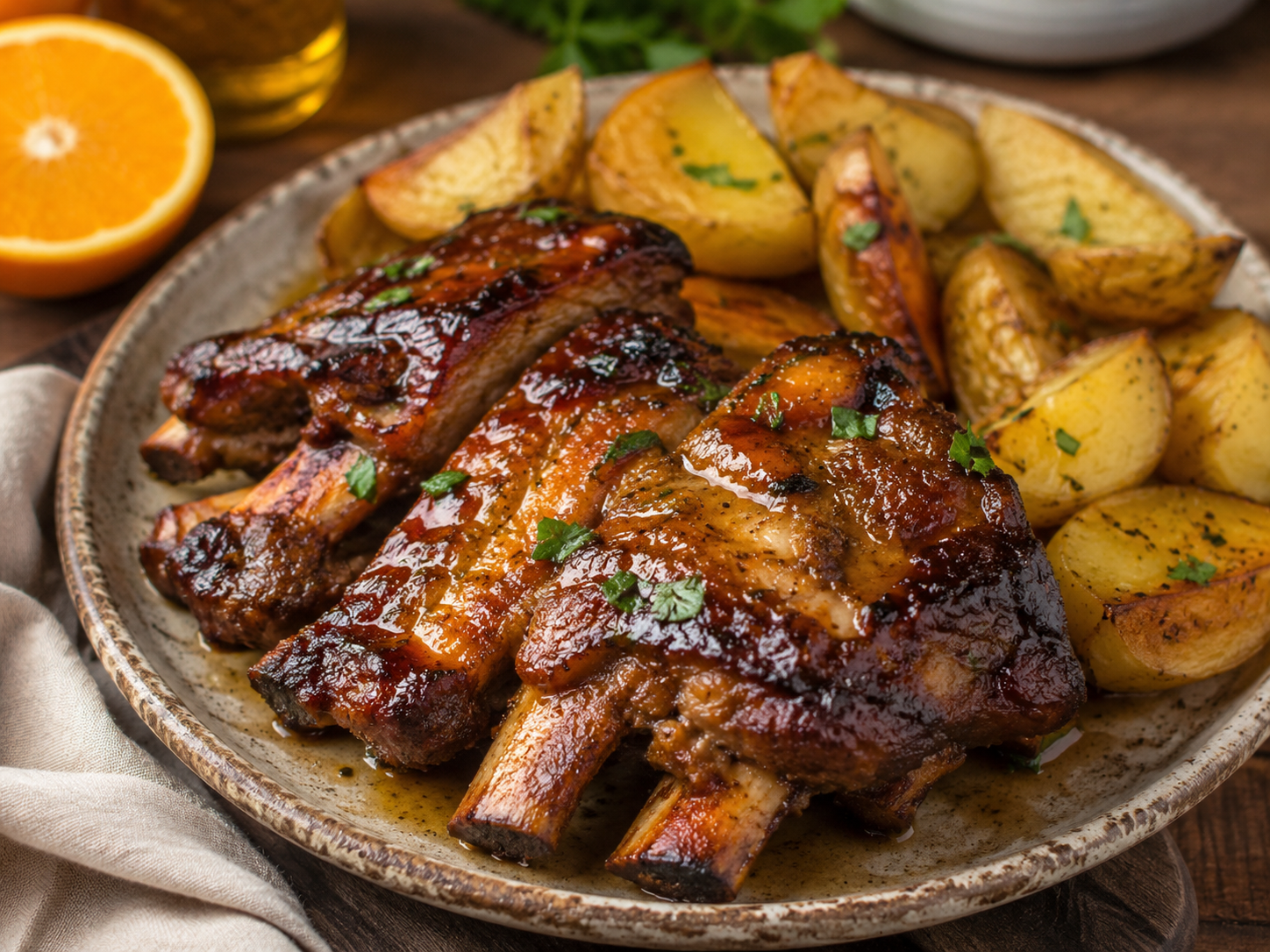 Costela Suína ao Molho de Laranja e Mel com Batatas Rústicas
