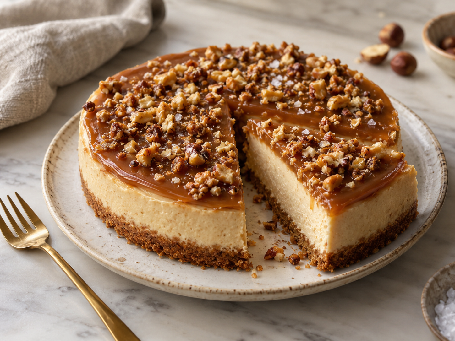Cheesecake de Doce de Leite com Flor de Sal e Crocante de Castanhas