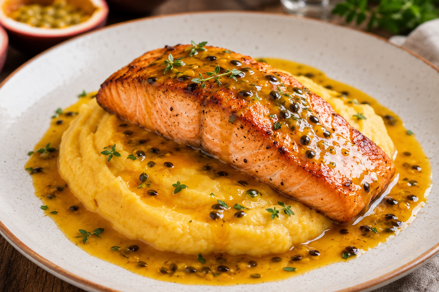 Salmão ao Molho de Maracujá com Purê de Mandioquinha