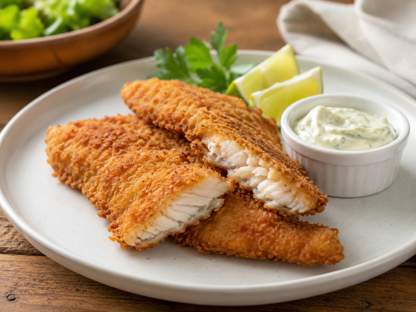 Filé de Peixe Empanado Crocante com Molho de Limão Caseiro