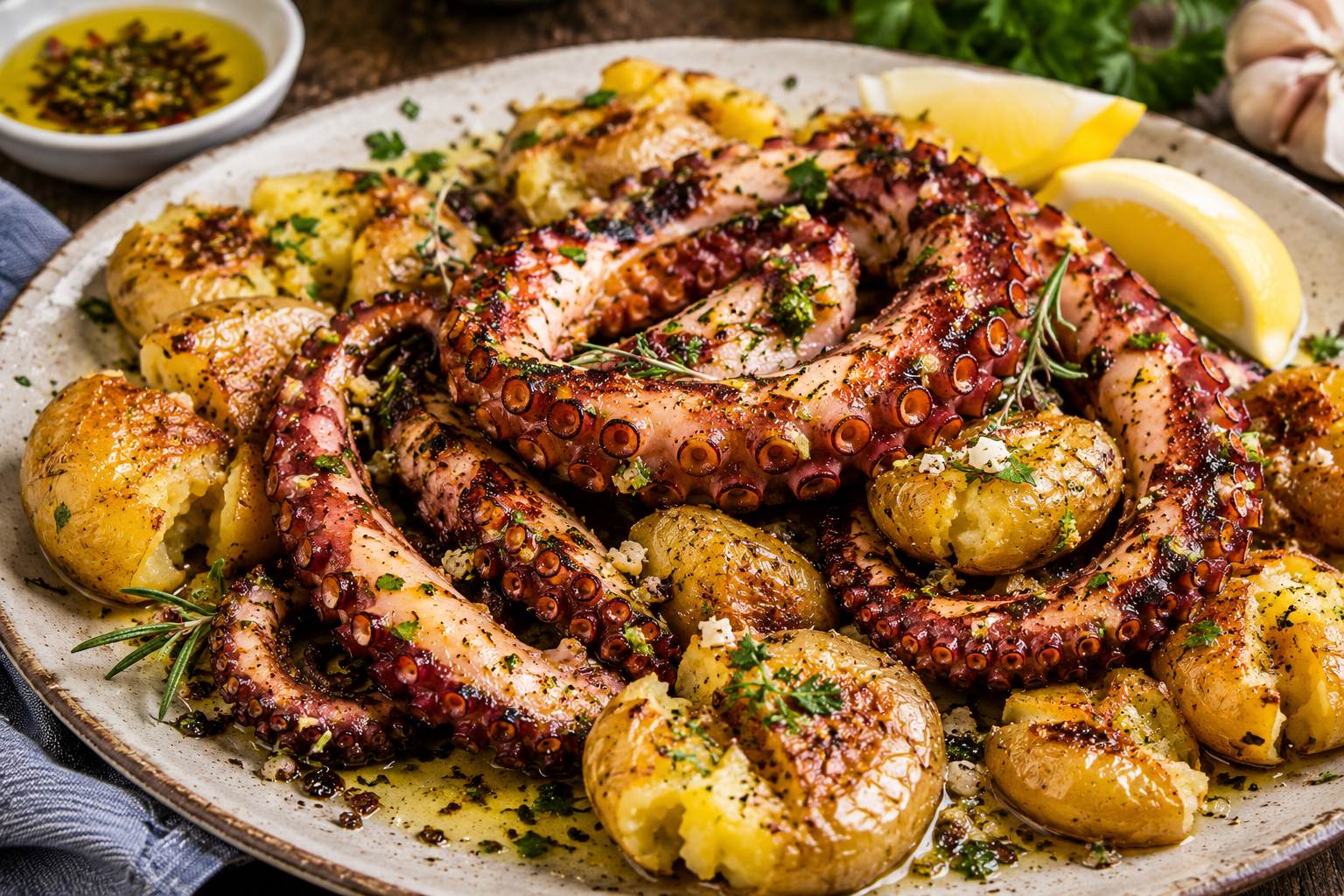Polvo Grelhado com Batatas ao Murro e Azeite de Ervas