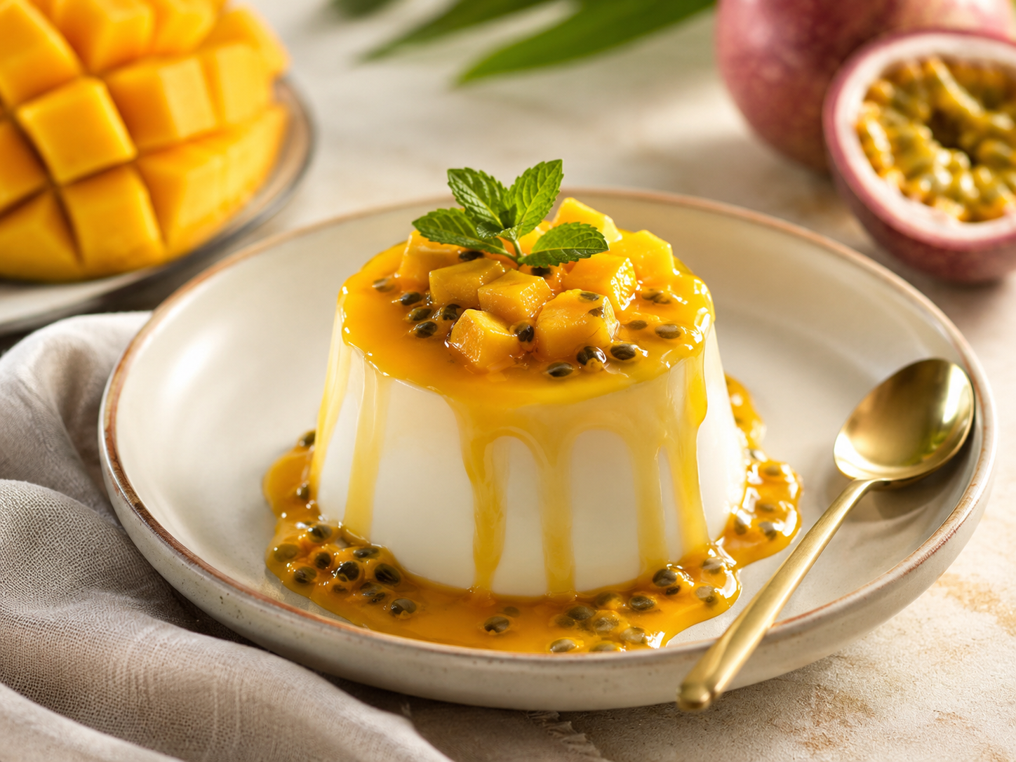 Panna Cotta de Coco com Calda de Manga e Maracujá