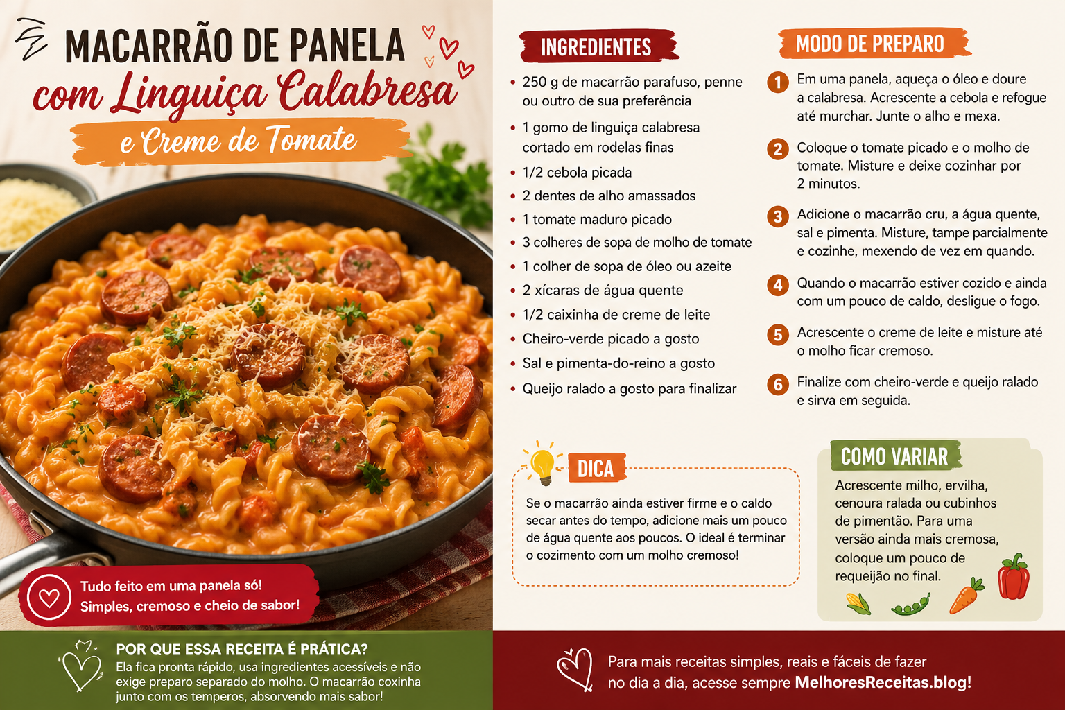 Macarrão de Panela com Linguiça Calabresa e Creme de Tomate