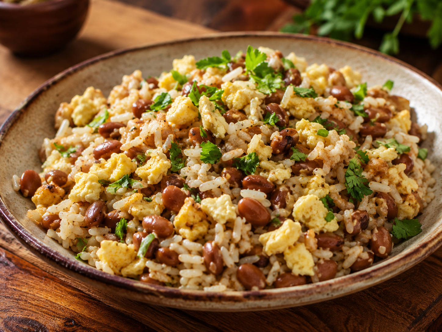 Mexido de Arroz e Feijão com Ovo e Cheiro-Verde