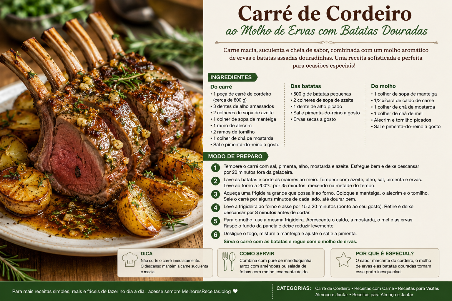 Carré de Cordeiro ao Molho de Ervas com Batatas Douradas