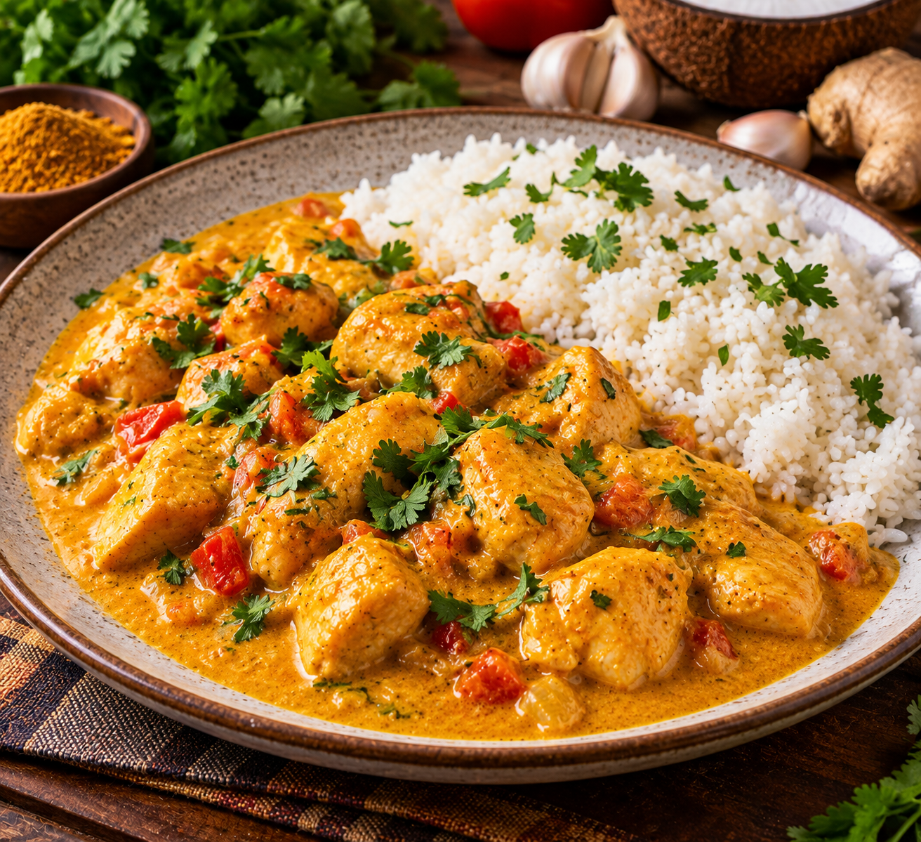 Frango ao Curry Cremoso com Leite de Coco e Arroz Aromático